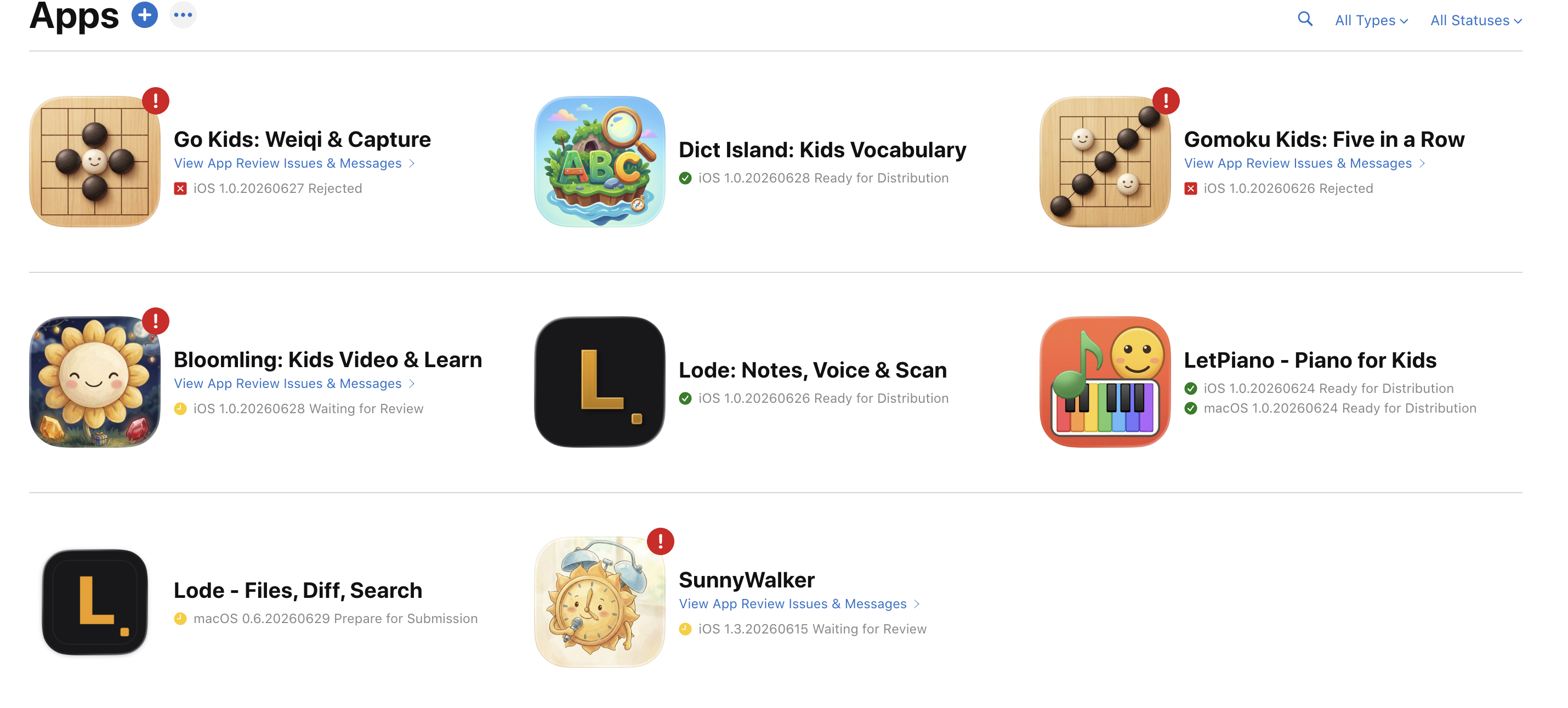 App Store Connect Apps 總覽：Go Kids 與 Gomoku Kids 被拒、Dict Island / Lode / LetPiano 已核准上架、Bloomling 與 SunnyWalker 審核中、Lode Mac 準備送審