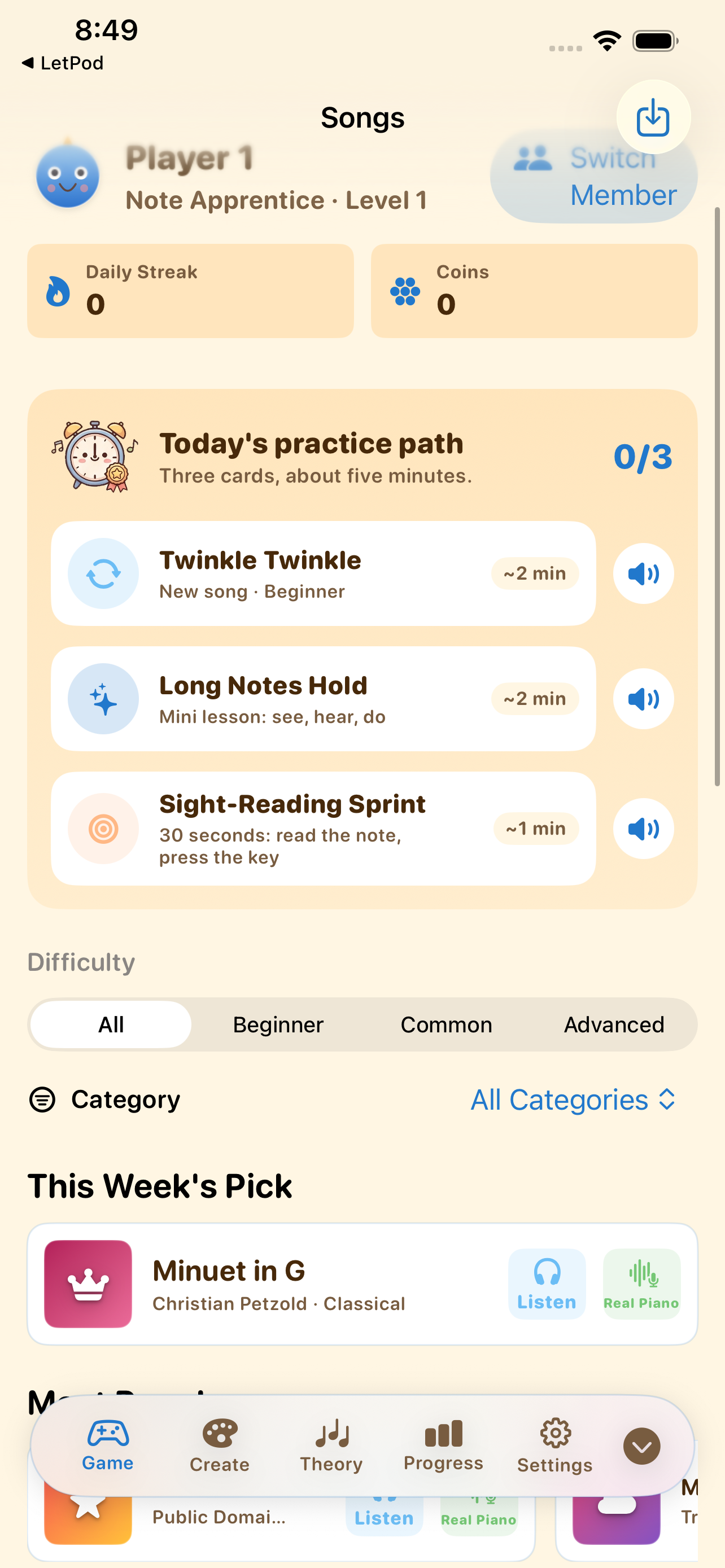 LetPiano v1.3 今日練習路線，包含歌曲、迷你課程與視譜練習