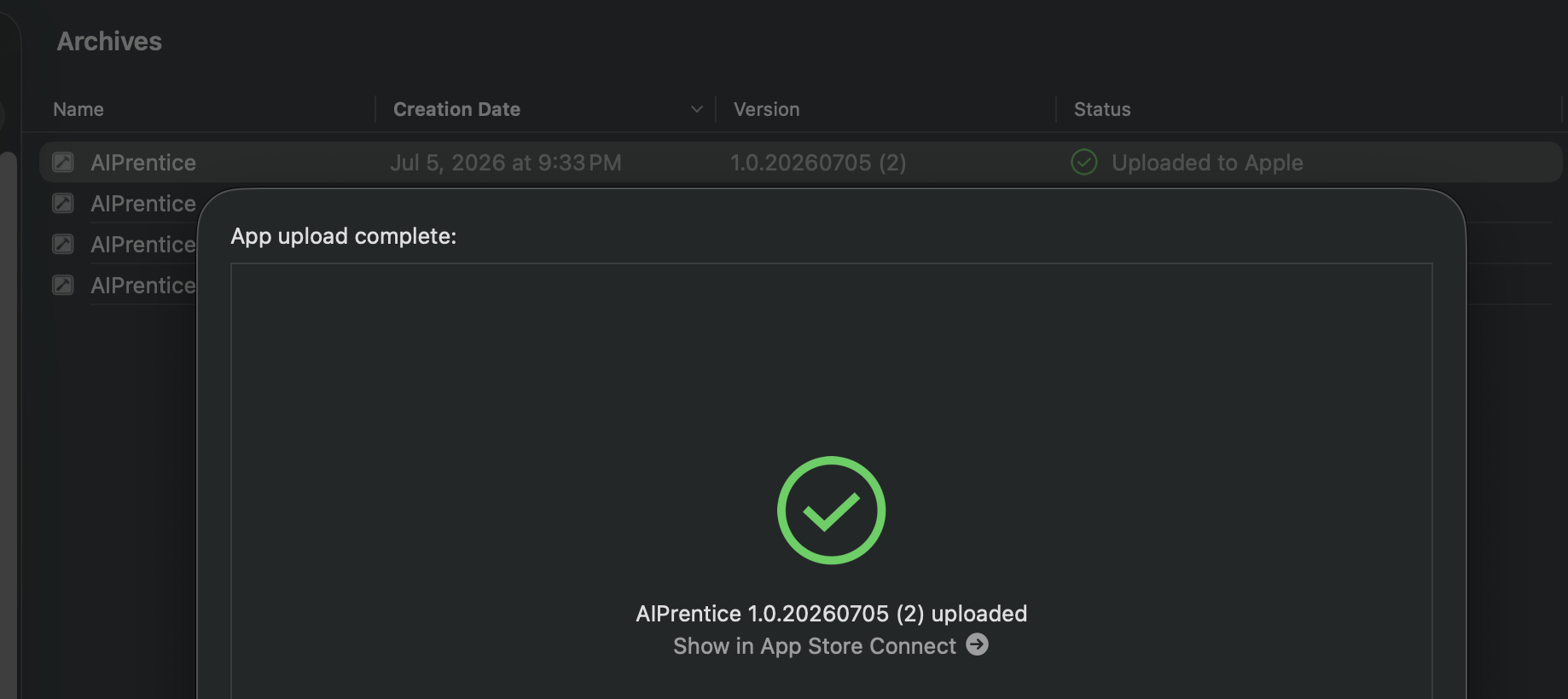 Xcode Archives — 上傳成功
