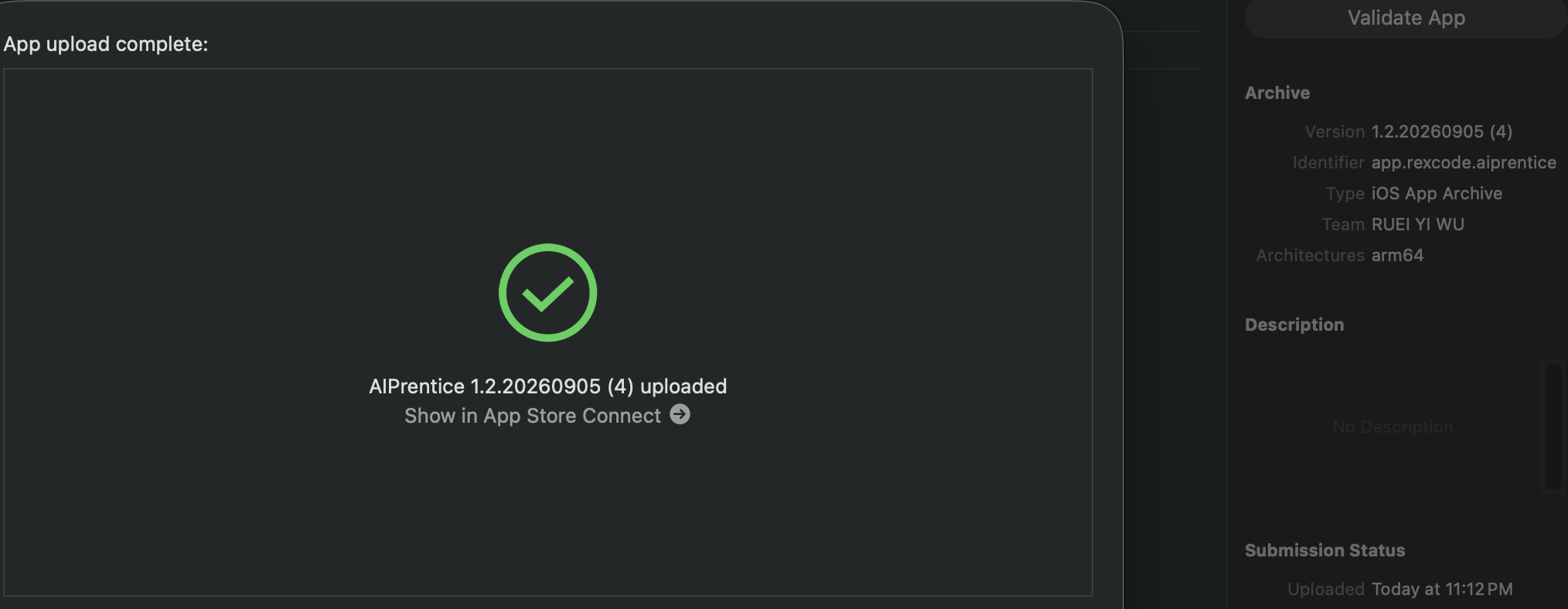 Xcode Organizer — AIPrentice 1.2.20260905 (4) uploaded