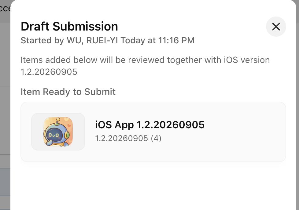 App Store Connect — Draft Submission，iOS App 1.2.20260905 (4) Item Ready to Submit