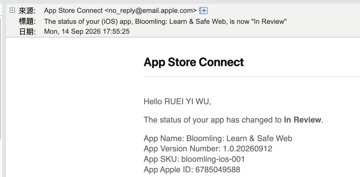 App Store Connect 來信 — Bloomling 1.0.20260912 狀態變為 In Review