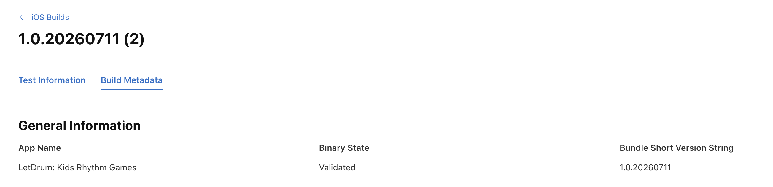 App Store Connect Build Metadata — LetDrum: Kids Rhythm Games, Binary State Validated