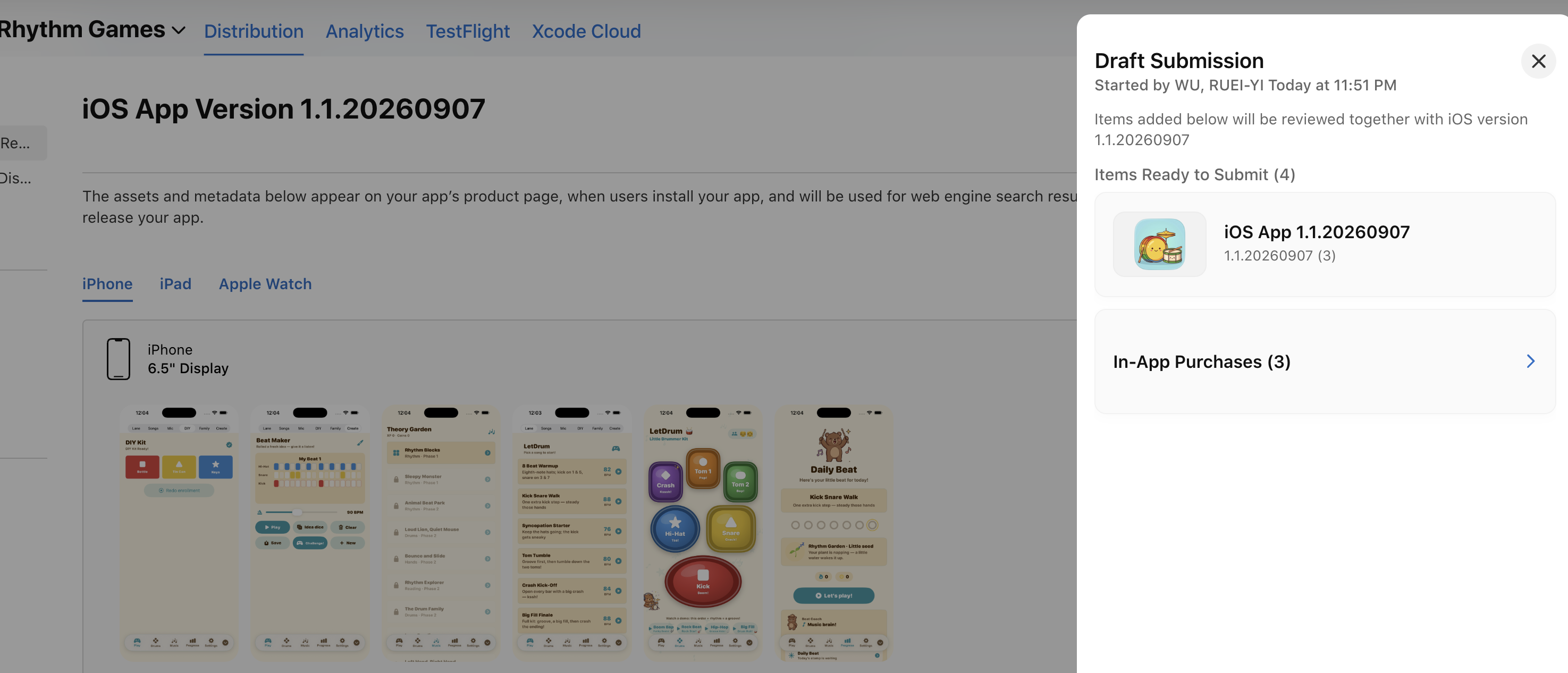 App Store Connect — LetDrum 1.1.20260907 Draft Submission，Items Ready to Submit (4)：iOS App + In-App Purchases (3)