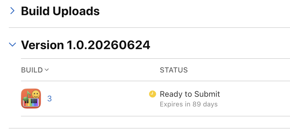 App Store Connect — iOS version 1.0.20260624 build 3 Ready to Submit