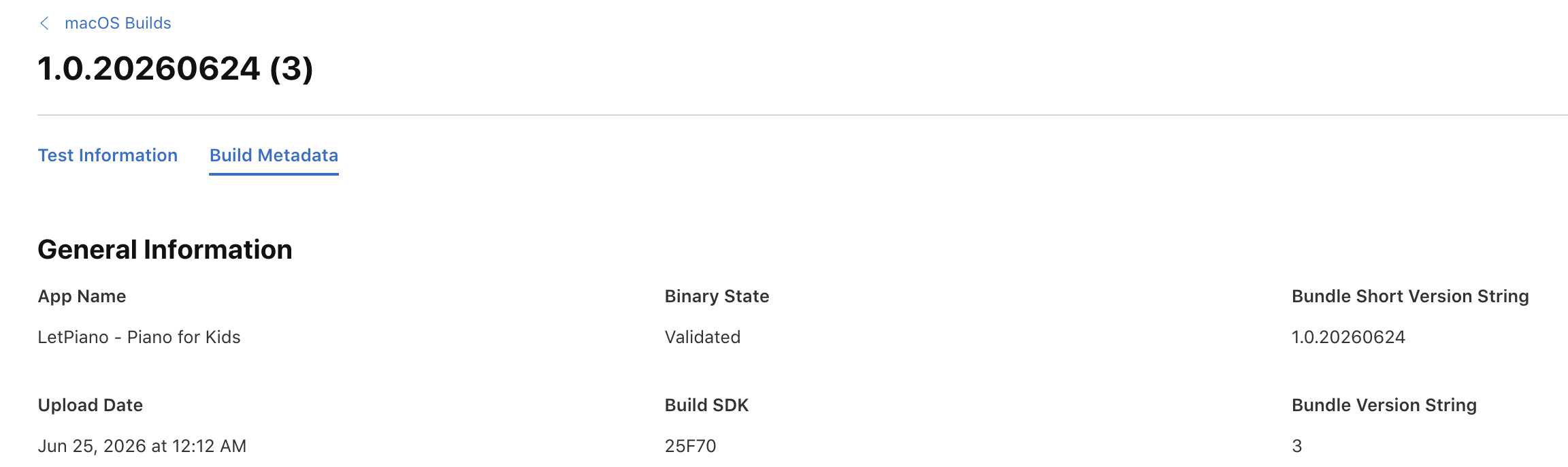 App Store Connect — macOS build 1.0.20260624 (3) build metadata, Validated