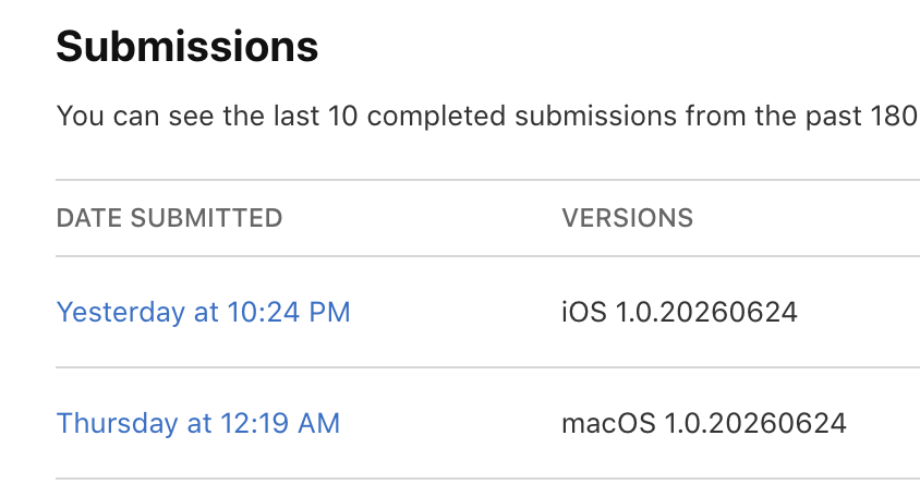 App Store Connect — Submissions list, iOS + macOS 1.0.20260624
