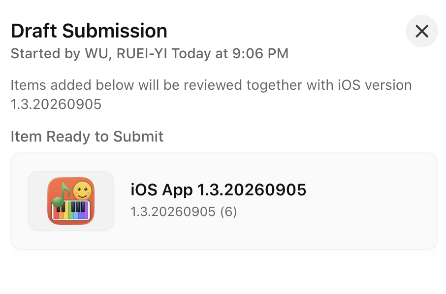App Store Connect — Draft Submission,iOS App 1.3.20260905 (6) Item Ready to Submit