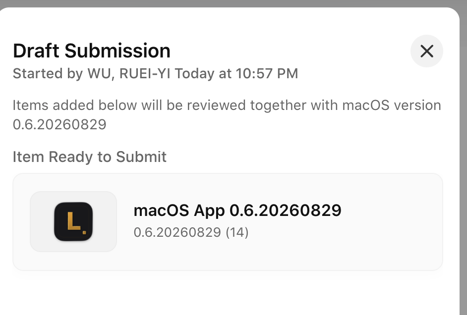 App Store Connect — Draft Submission，macOS App 0.6.20260829 (14) Item Ready to Submit