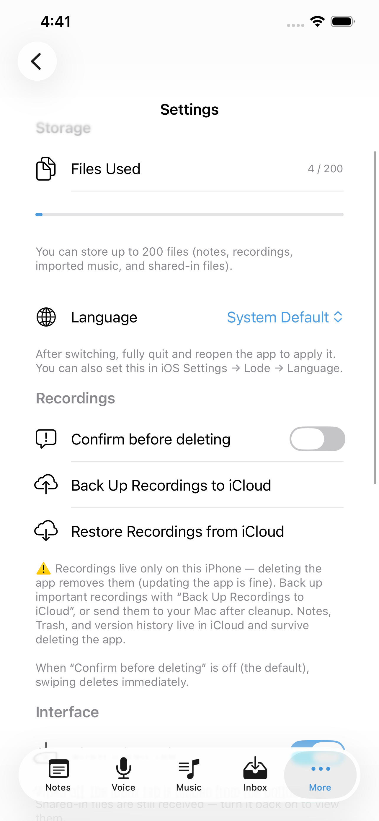 Settings 語言、錄音備份、儲存空間
