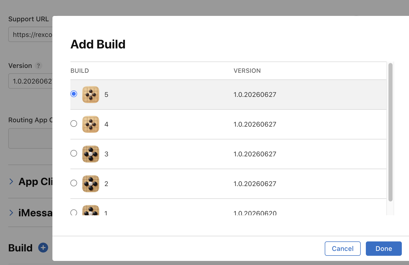 App Store Connect Add Build — PlayGoKids 1.0.20260627 build 5 選用