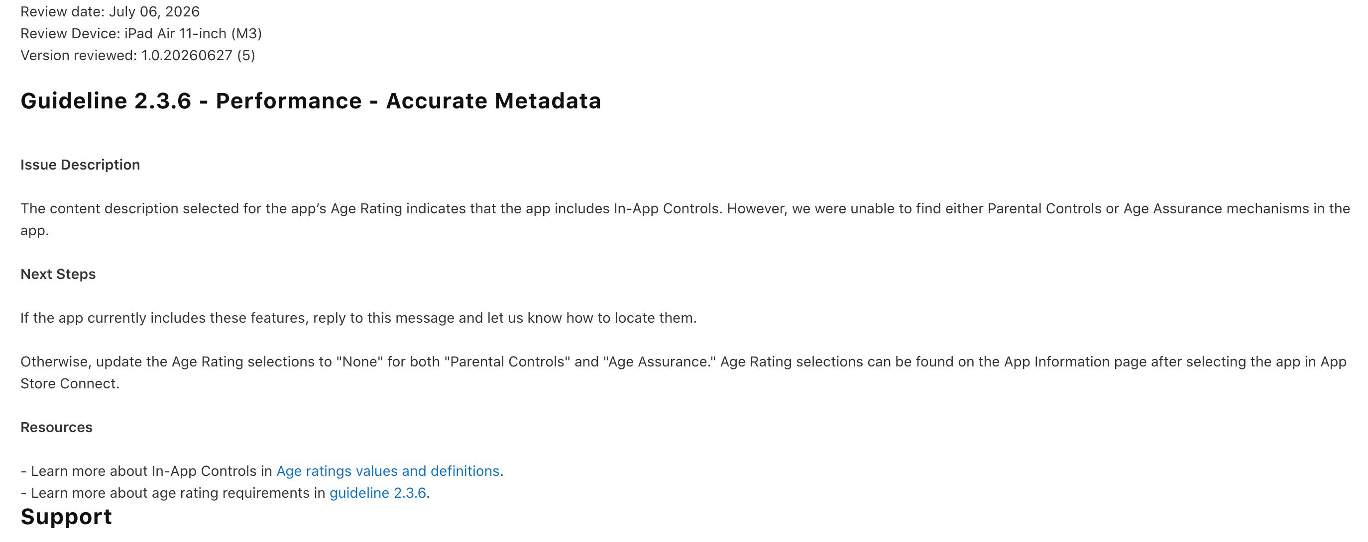 App Store Connect — Guideline 2.3.6 Age Rating In-App Controls 不一致