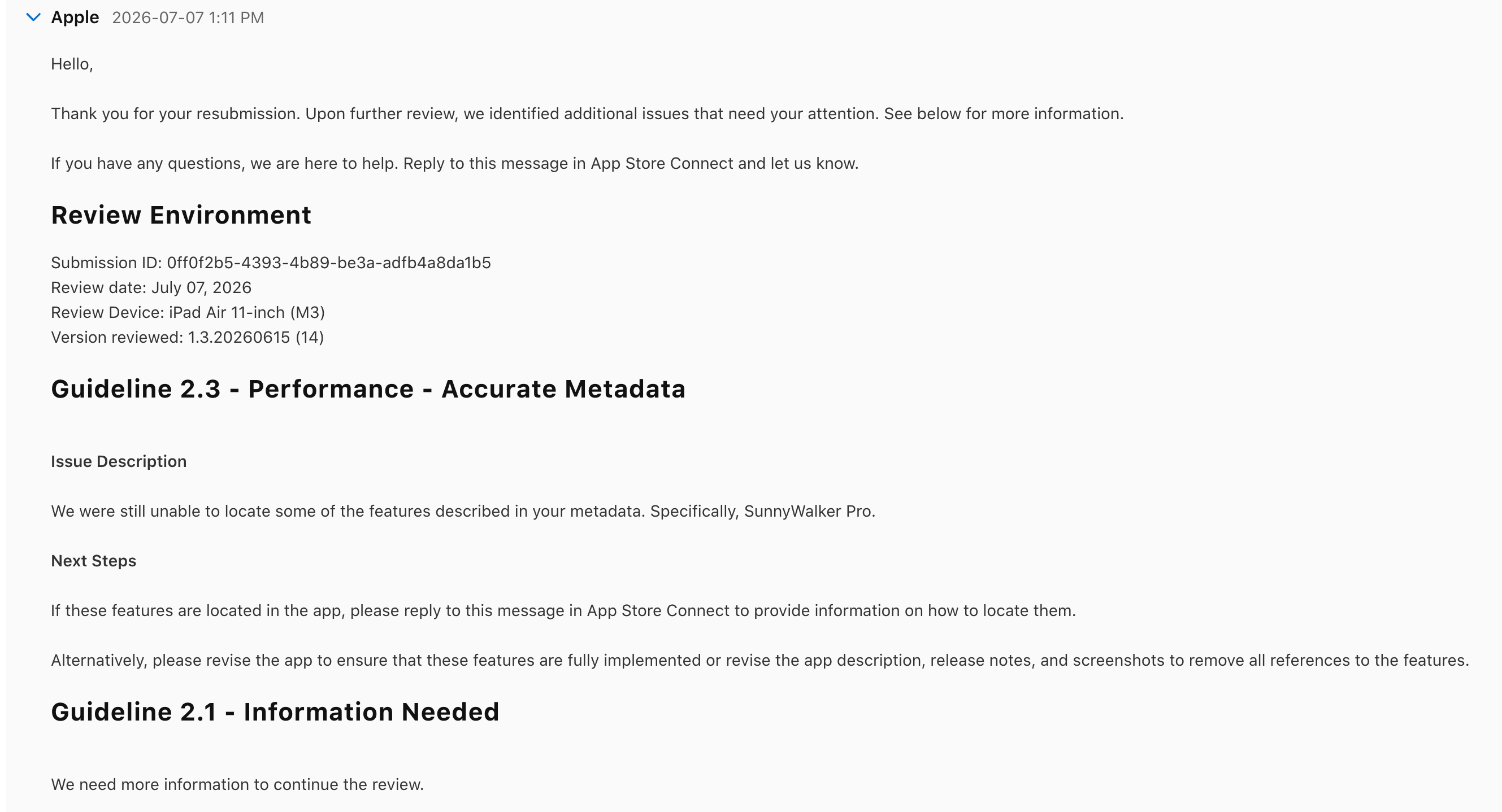 App Store Connect — Guideline 2.3 找不到 SunnyWalker Pro 功能、2.1 需要更多資訊