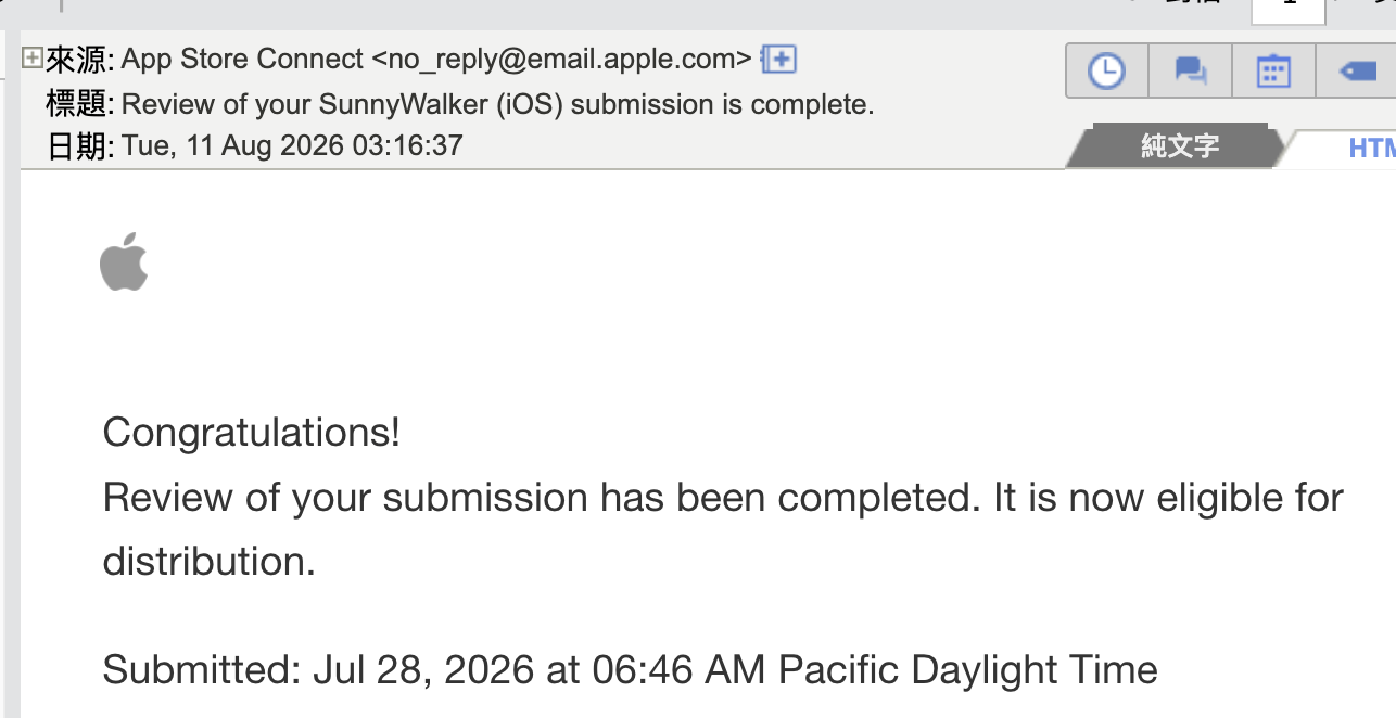 Apple 核准通知 — SunnyWalker (iOS) submission is complete